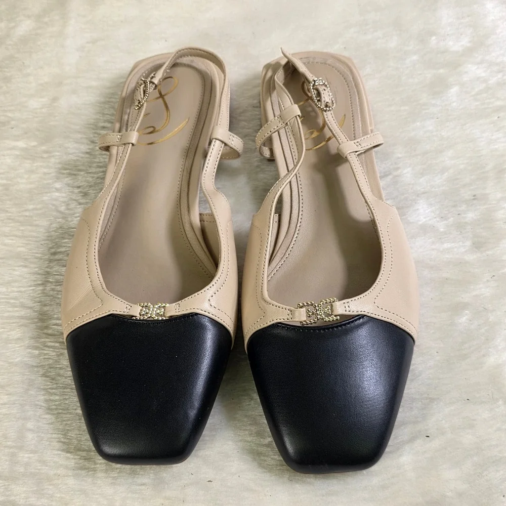 Sam Edelman Kara 2 Slingback Flats Beige Black Cap Toe Womens 7.5 Excellent